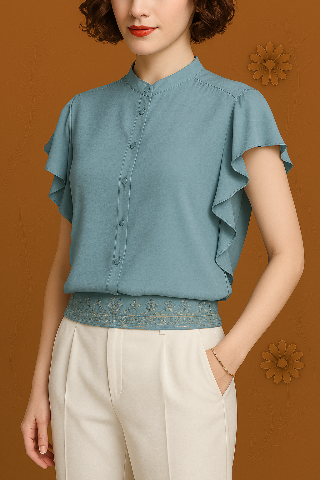 Sky Blue Button-Down Top with Ruffle Sleeves