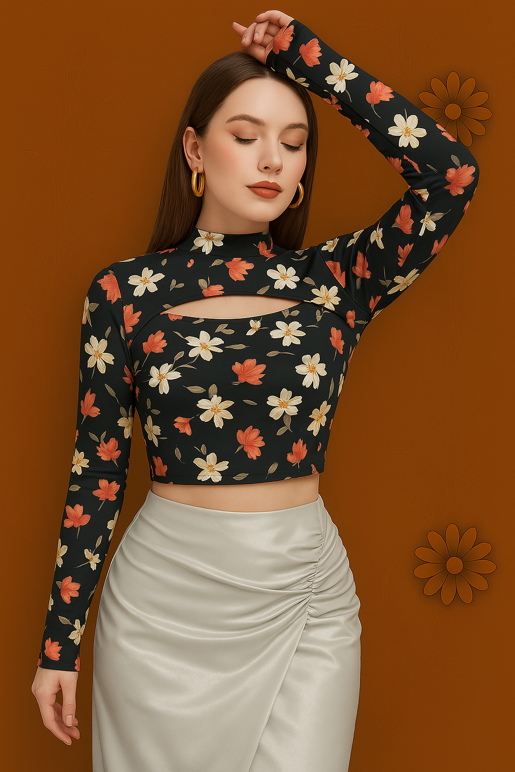 Black Floral Cutout Long Sleeve Crop Top