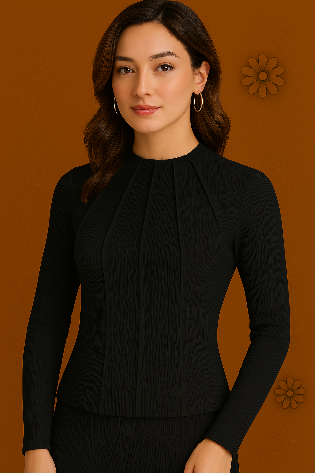Black Pleated Mock Neck Long Sleeve Top
