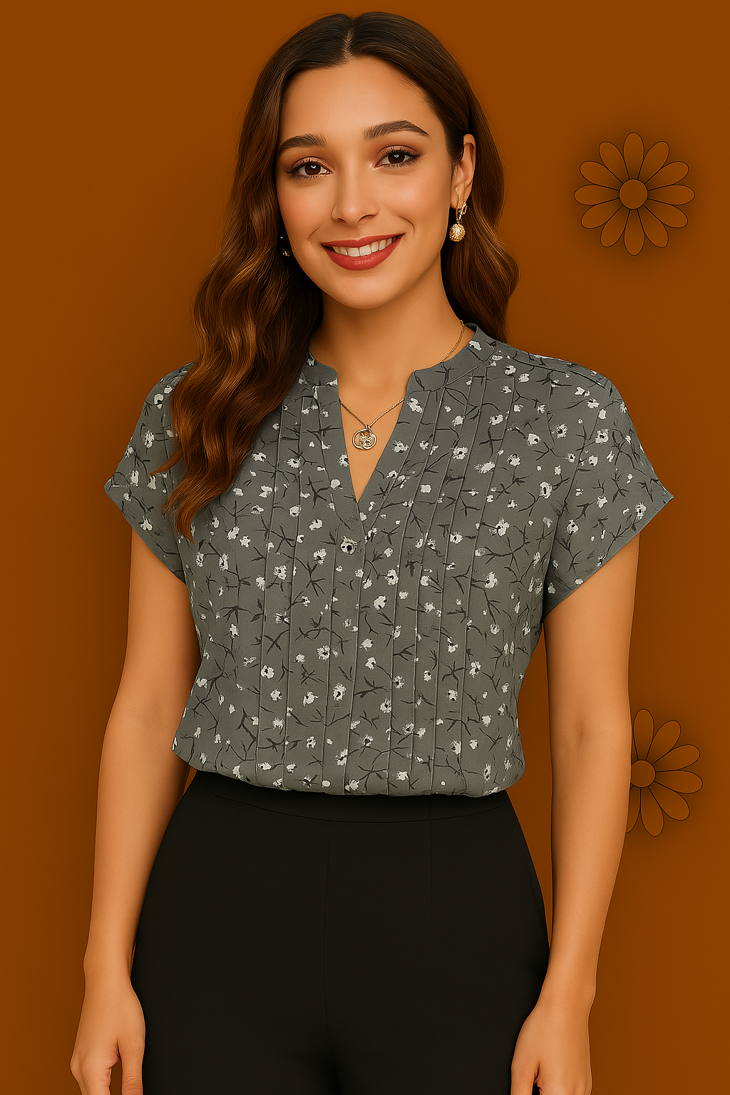 Charcoal Grey Floral Pleated V-Neck Blouse