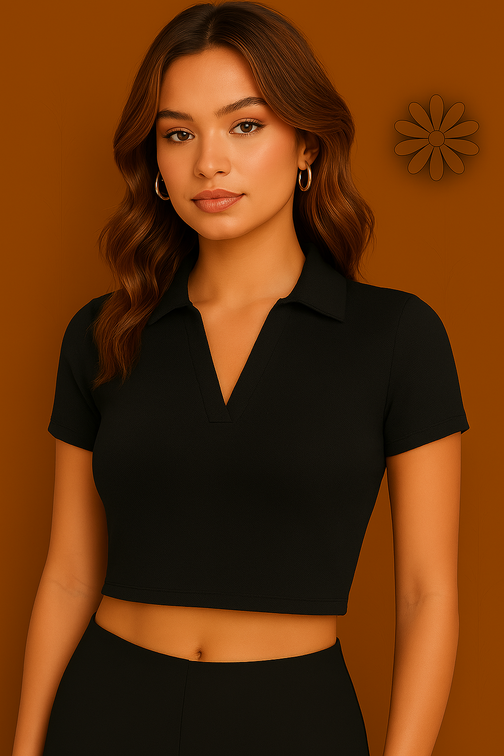 Chic Black Polo Collar Crop Top
