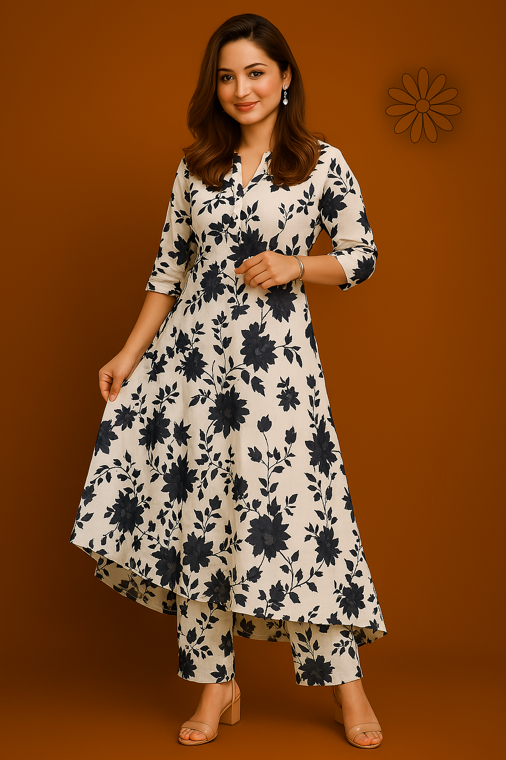 Elegant Black & White Floral Cotton Kurti Pant Set