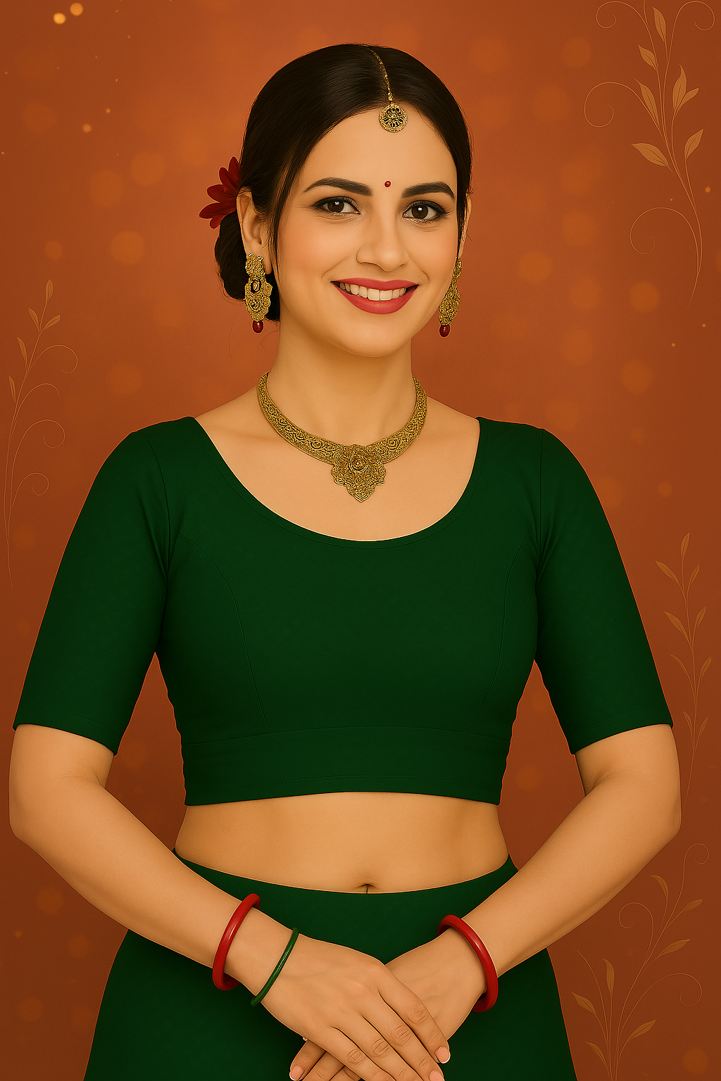 Red Blouse with Green Trim Back Design
