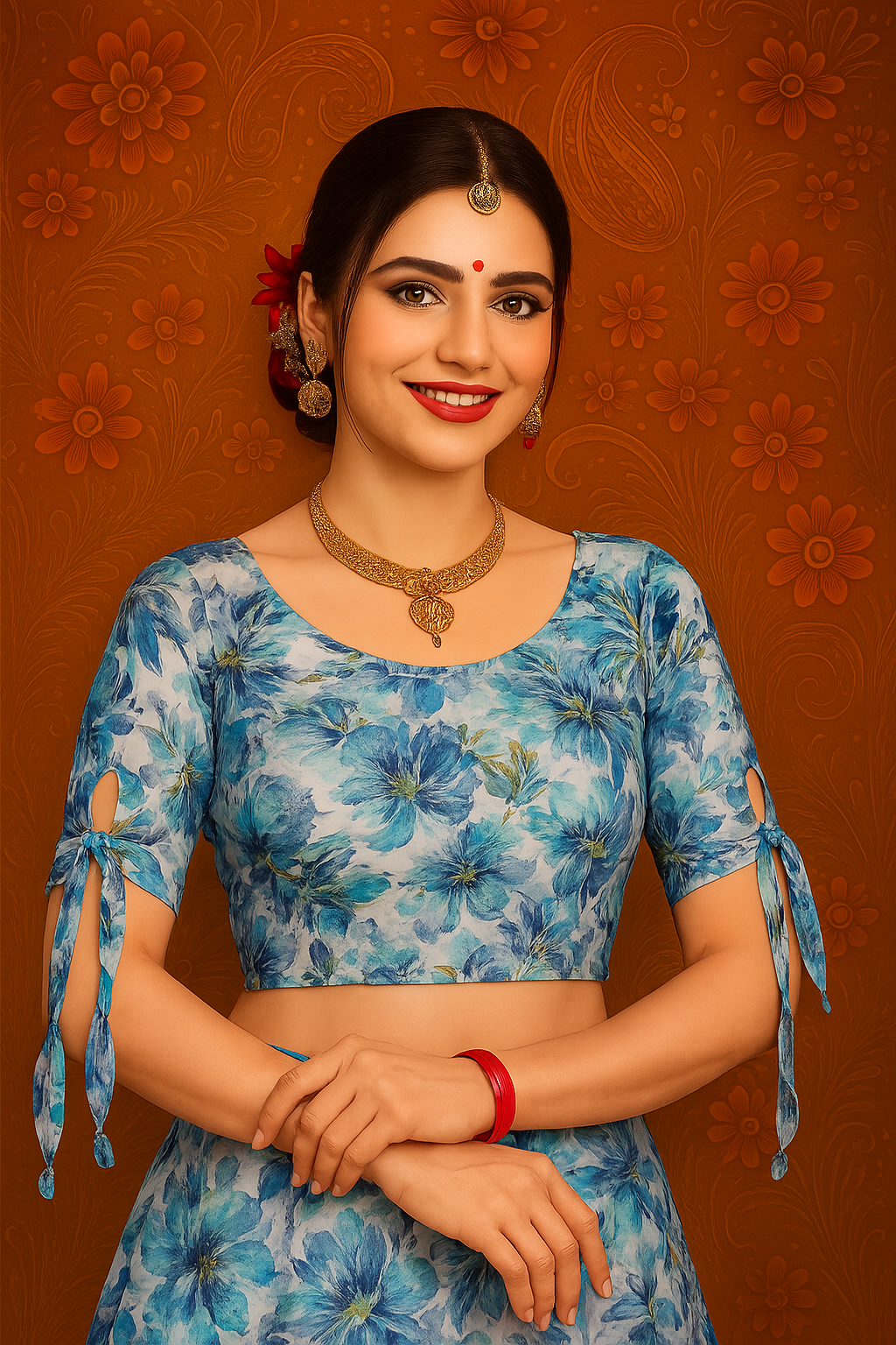 Blue Blouse with Sheer Yoke