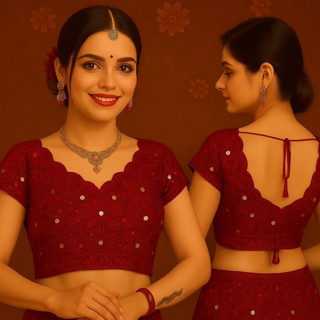 Ruby Red Scalloped Blouse with Shimmering Embellishments preview