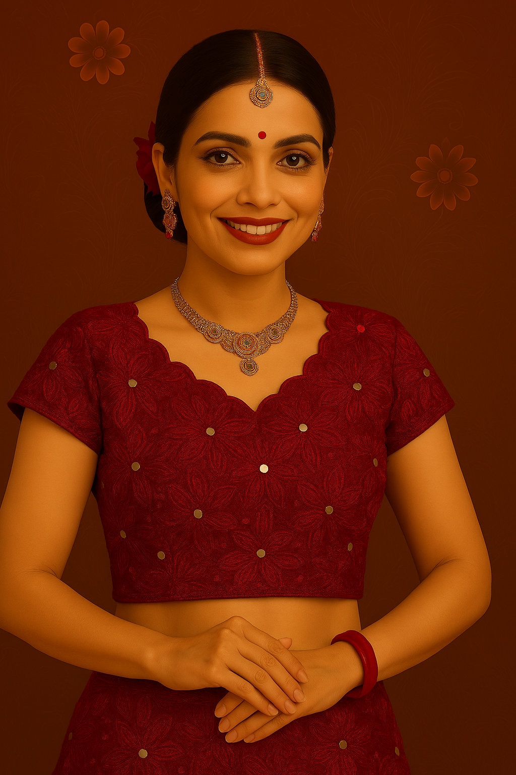 Ruby Red Scalloped Blouse with Shimmering Embellishments