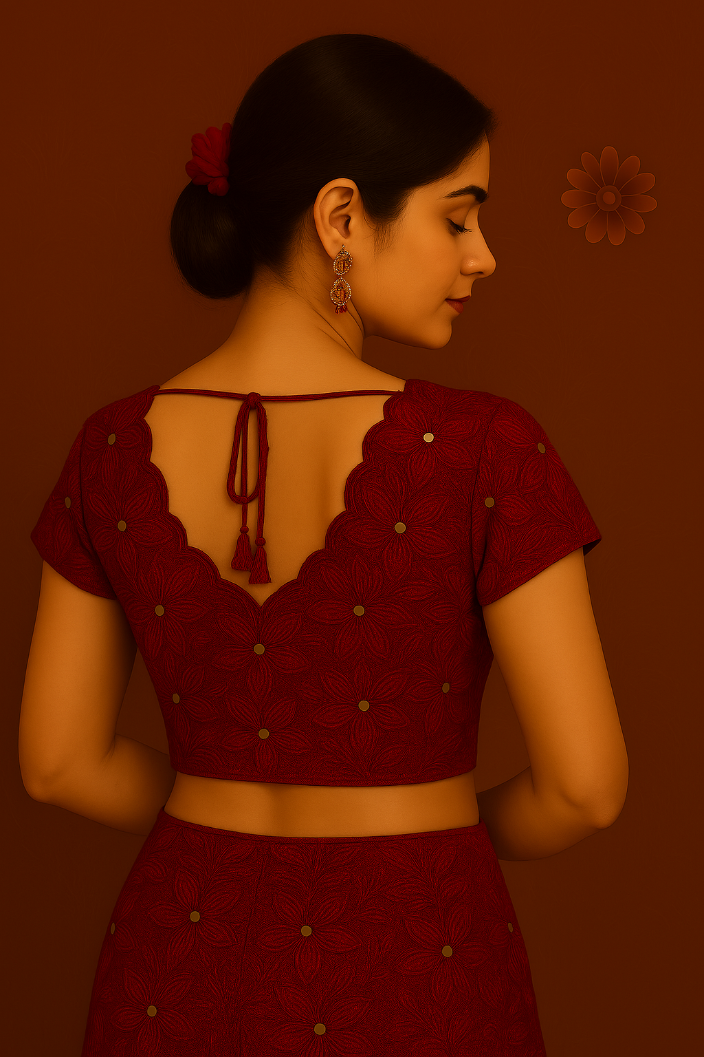 Ruby Red Scalloped Blouse with Shimmering Embellishments preview