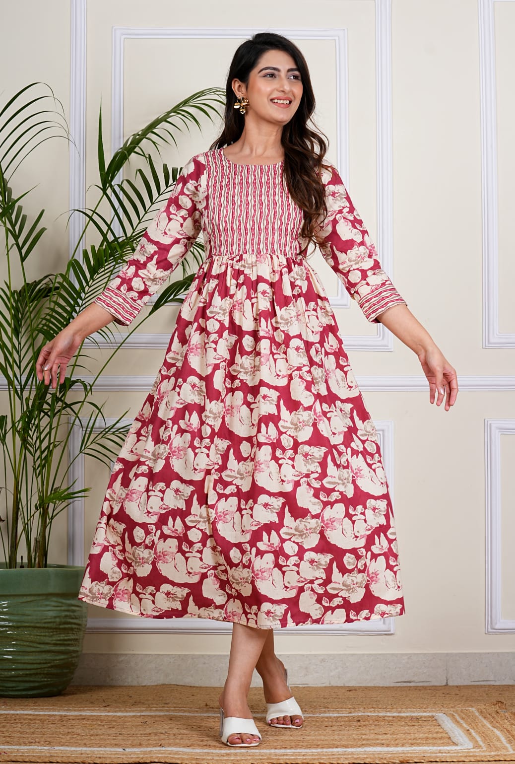 Elegant Maroon Printed Cotton Anarkali Kurti