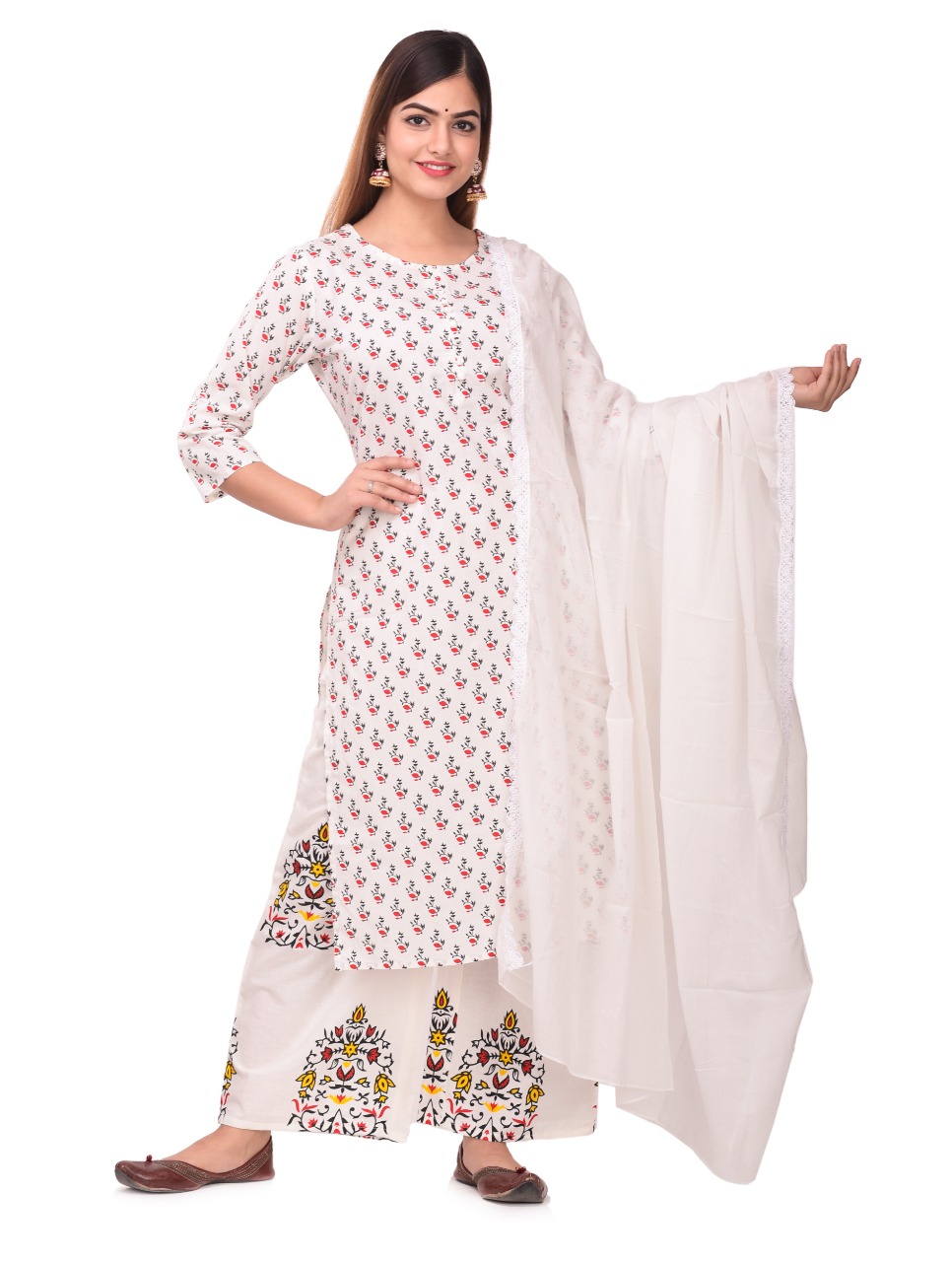 Elegant Pink Floral Cotton Kurti Palazzo Dupatta Set