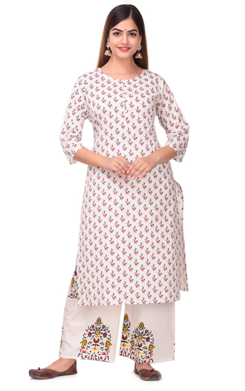 Elegant Pink Floral Cotton Kurti Palazzo Dupatta Set preview