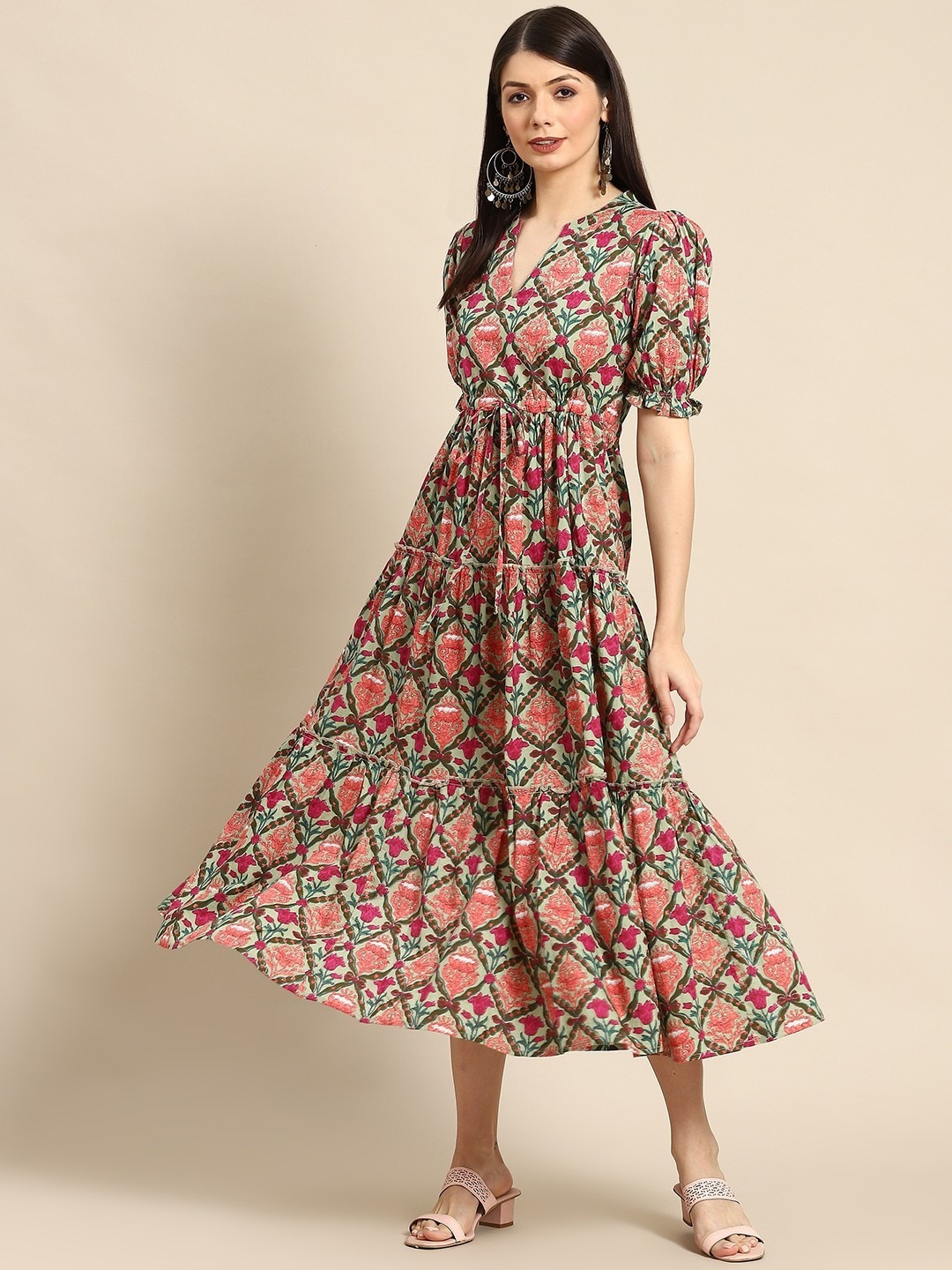 Vibrant Teal Printed Cotton Tiered Anarkali Kurti preview