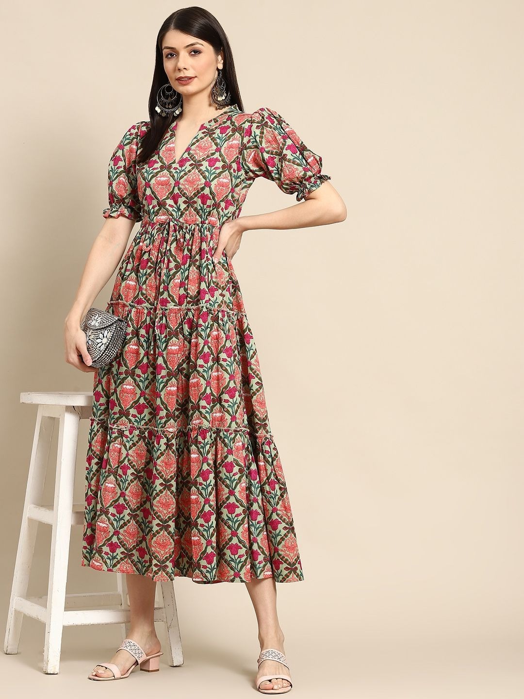 Vibrant Teal Printed Cotton Tiered Anarkali Kurti
