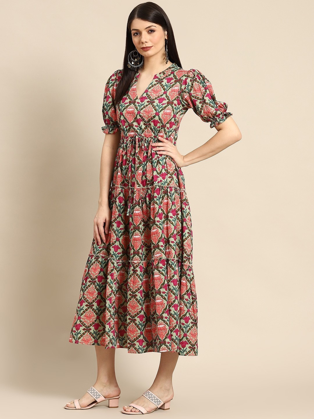 Vibrant Teal Printed Cotton Tiered Anarkali Kurti preview