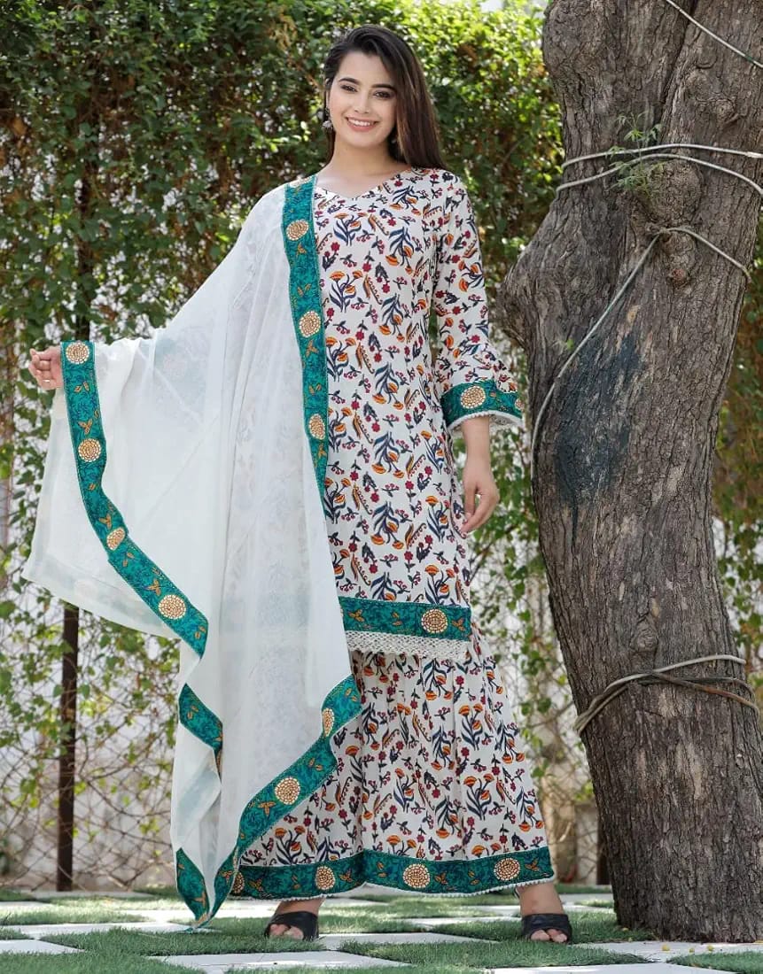 Elegant Earthy Beige Printed Rayon Kurti Sharara Dupatta Set