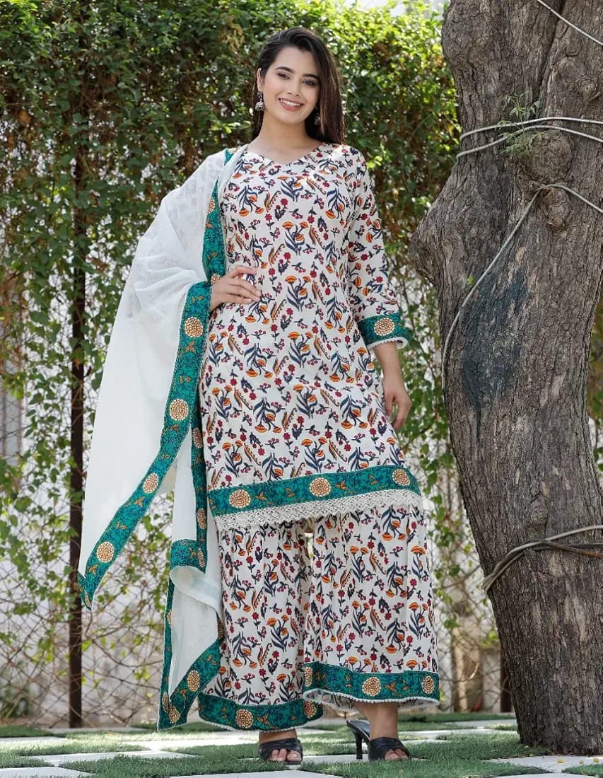 Elegant Earthy Beige Printed Rayon Kurti Sharara Dupatta Set preview