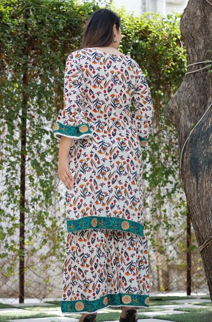 Elegant Earthy Beige Printed Rayon Kurti Sharara Dupatta Set preview