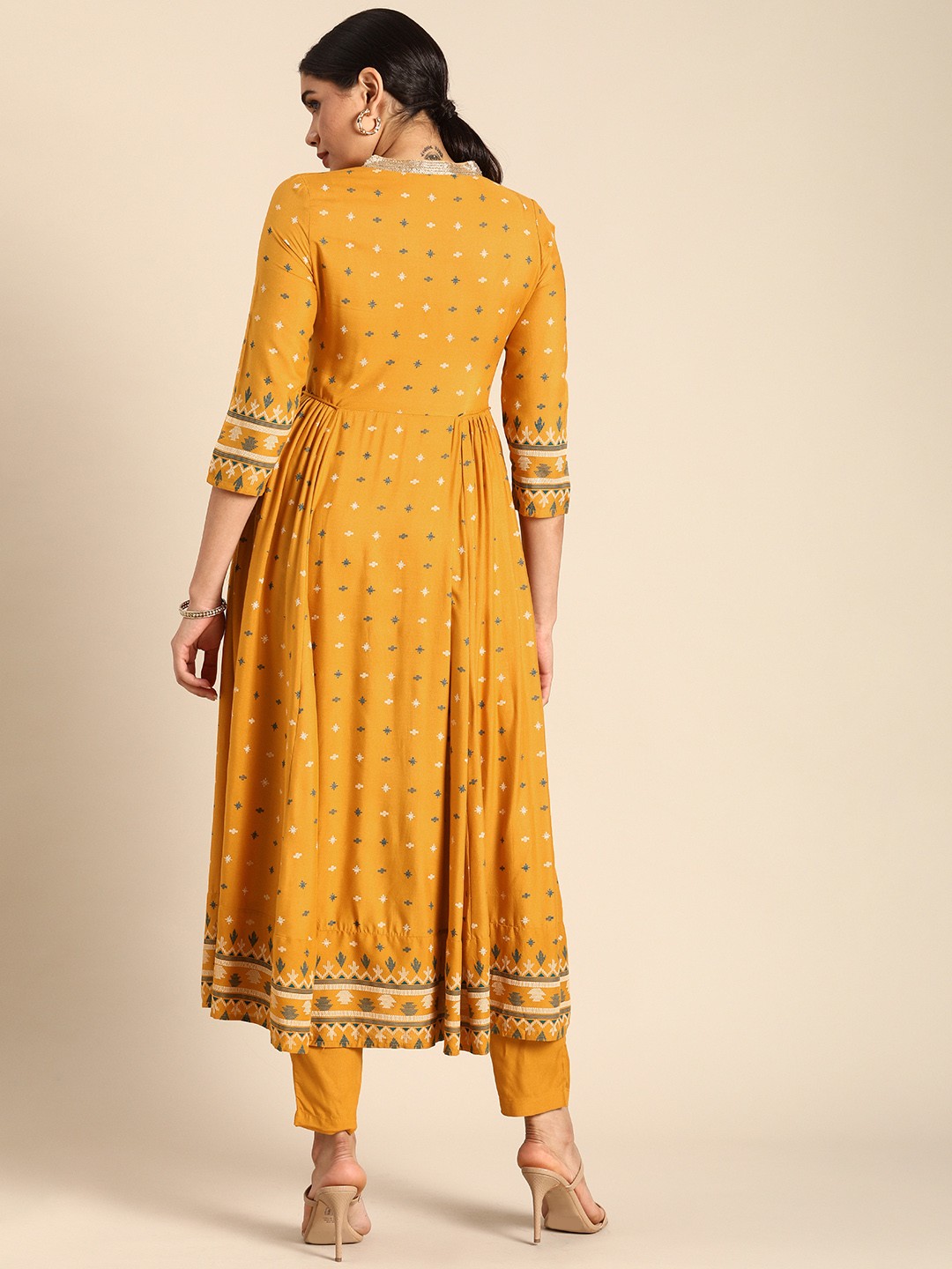 Rayon Printed Anarkali Kurti with Pant Set (Mustard Yellow) preview