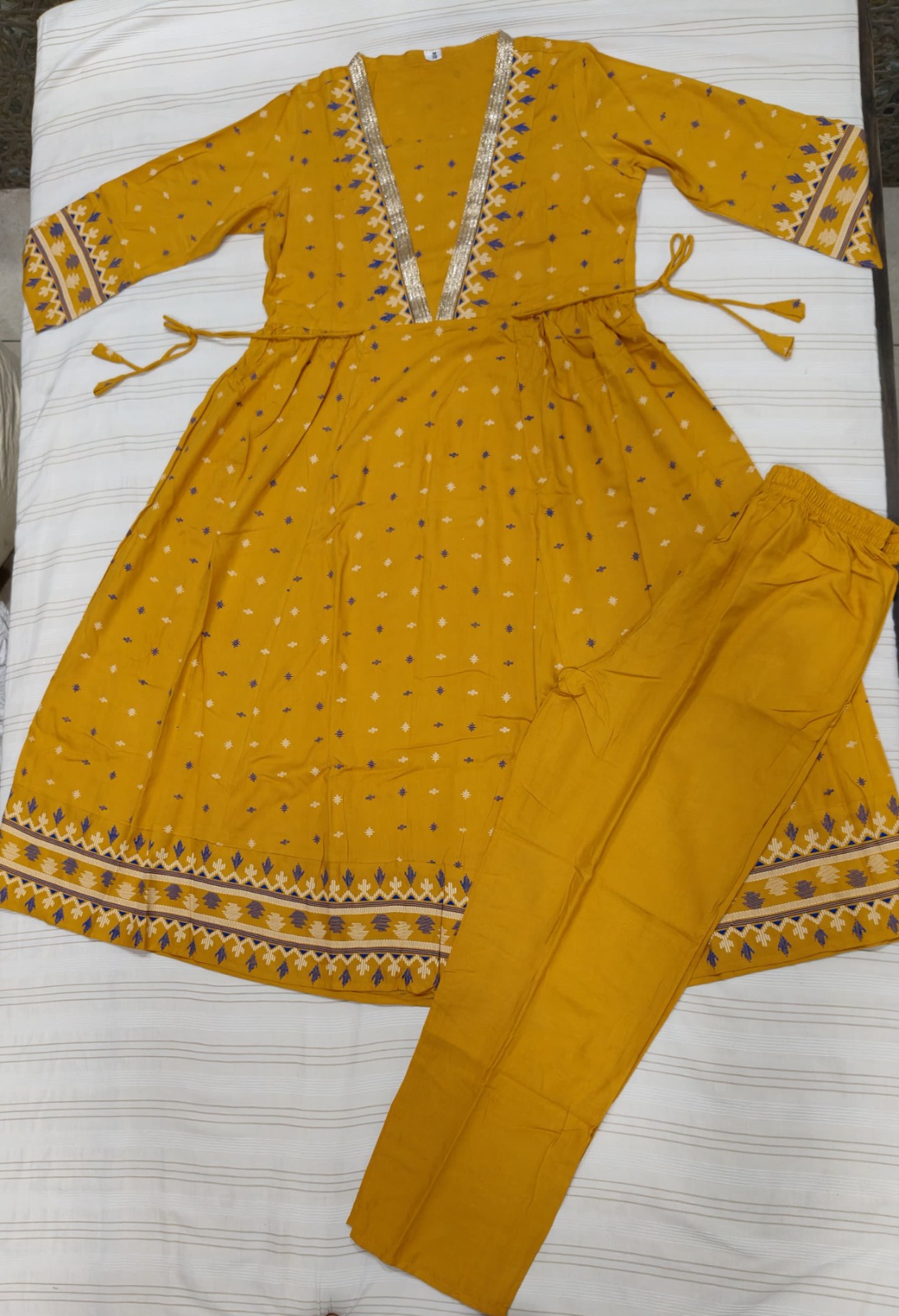 Rayon Printed Anarkali Kurti with Pant Set (Mustard Yellow) preview