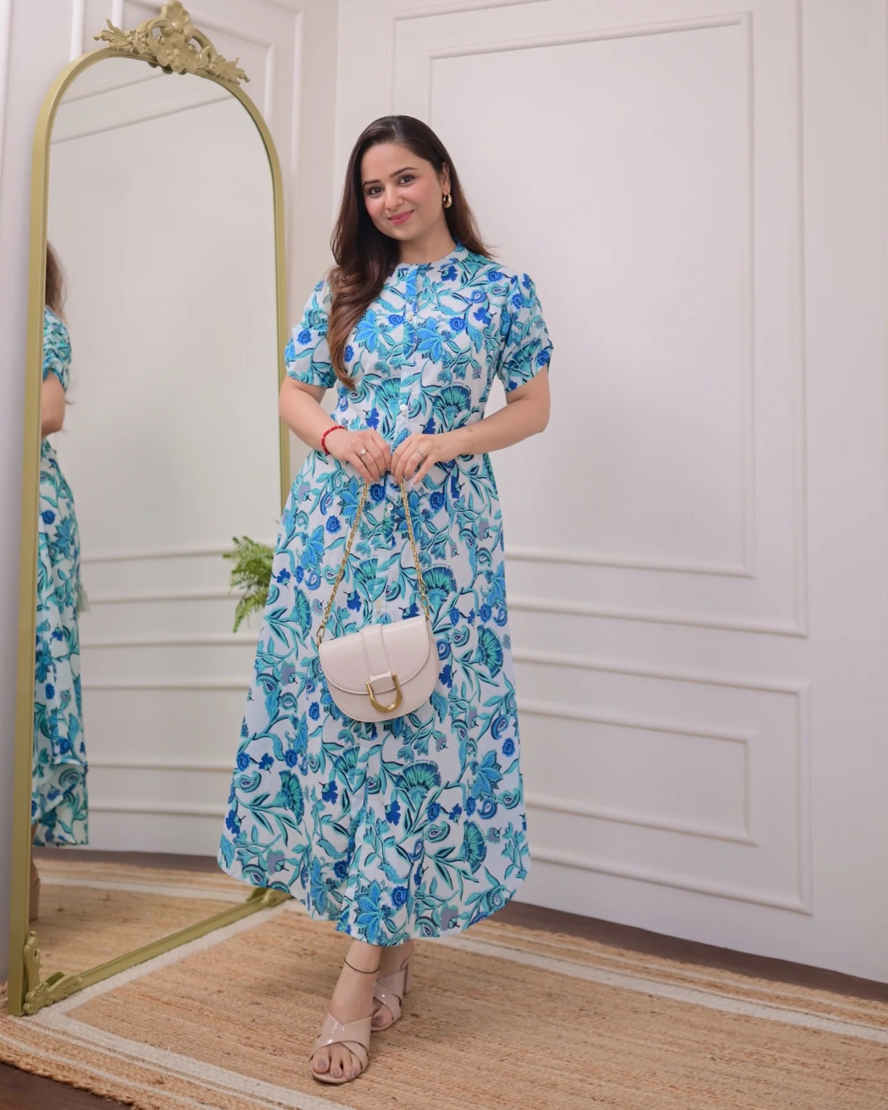Cotton Printed A-Line Maxi Dress / Anarkali Kurti (Blue Floral) preview