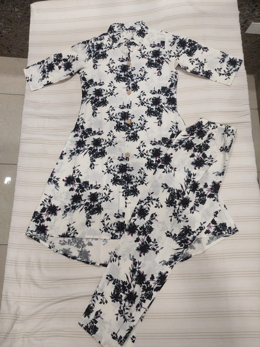 Elegant Black & White Floral Cotton Kurti Pant Set preview