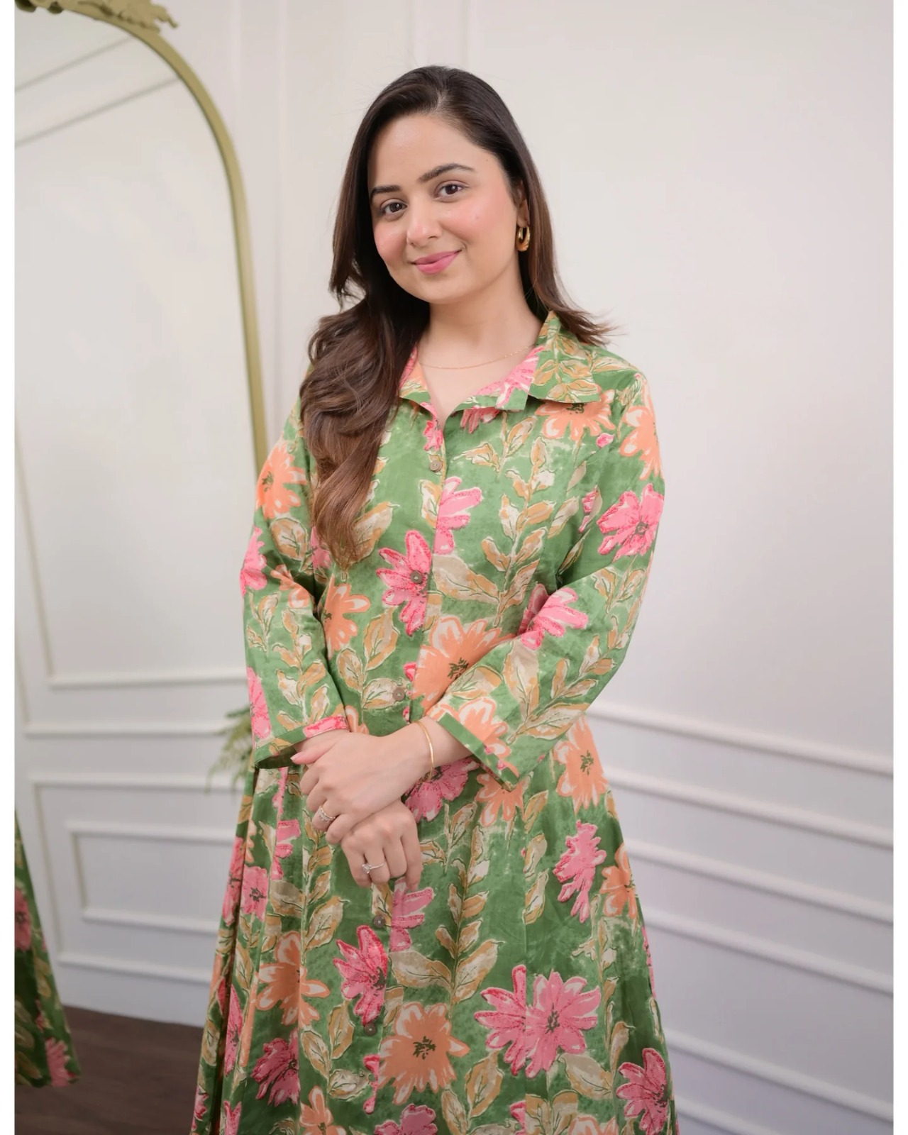Vibrant Green Floral Cotton Kurti Pant Set