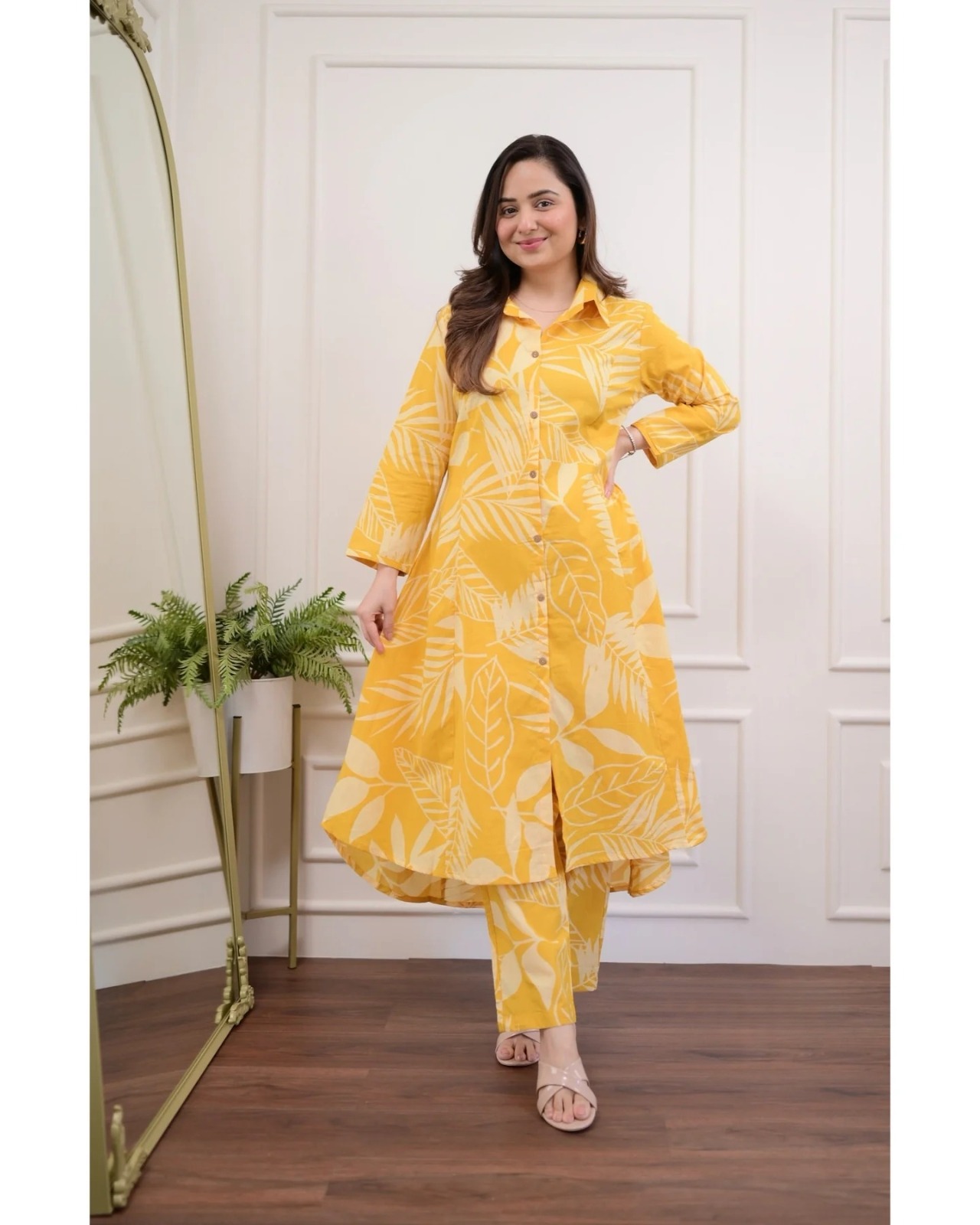 Sunny Yellow Leaf Print Cotton Kurti Pant Set preview