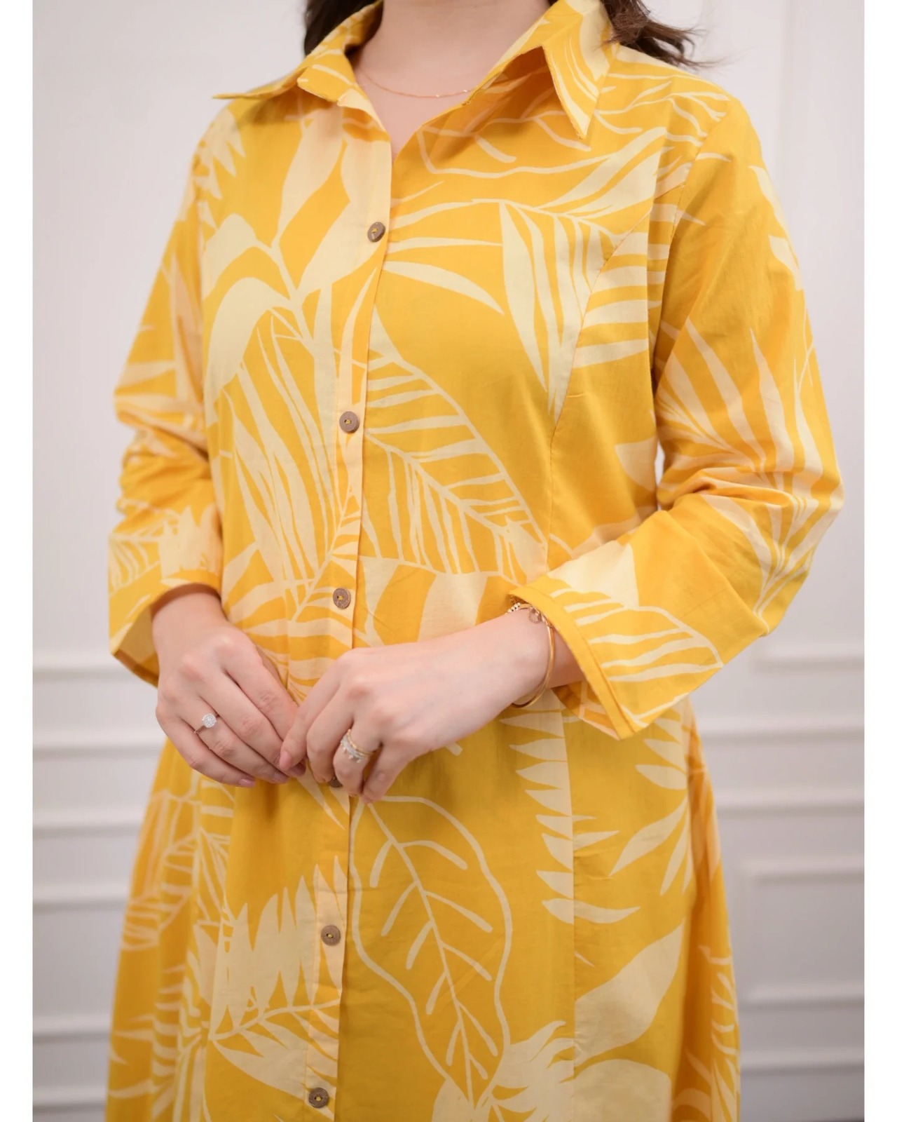 Sunny Yellow Leaf Print Cotton Kurti Pant Set preview