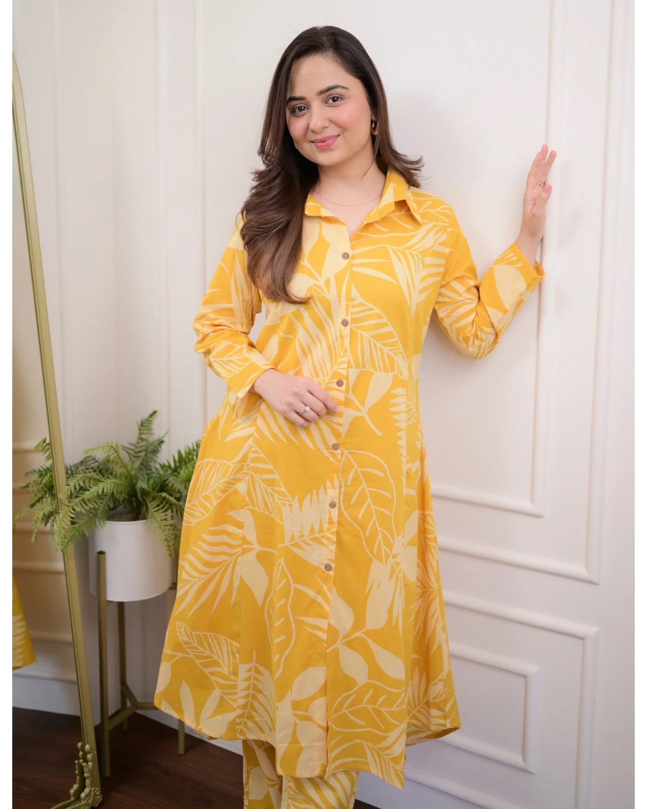 Sunny Yellow Leaf Print Cotton Kurti Pant Set