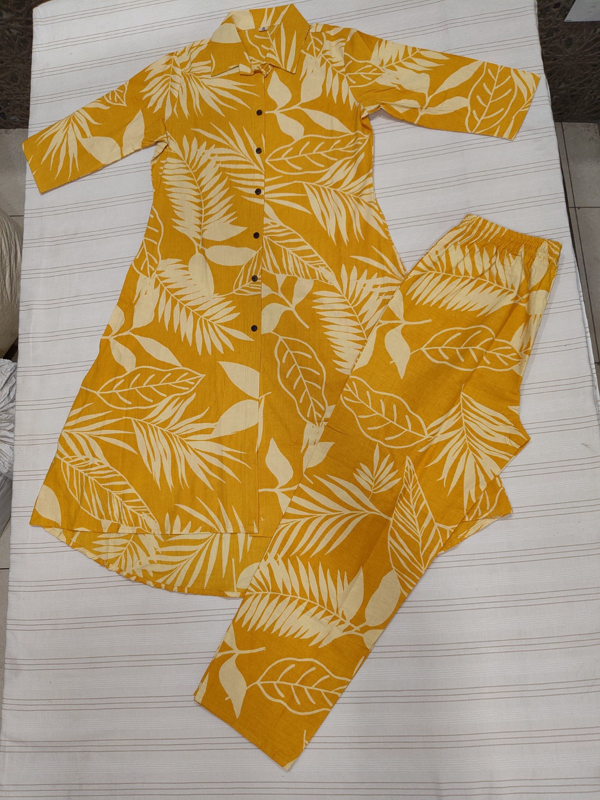 Sunny Yellow Leaf Print Cotton Kurti Pant Set preview