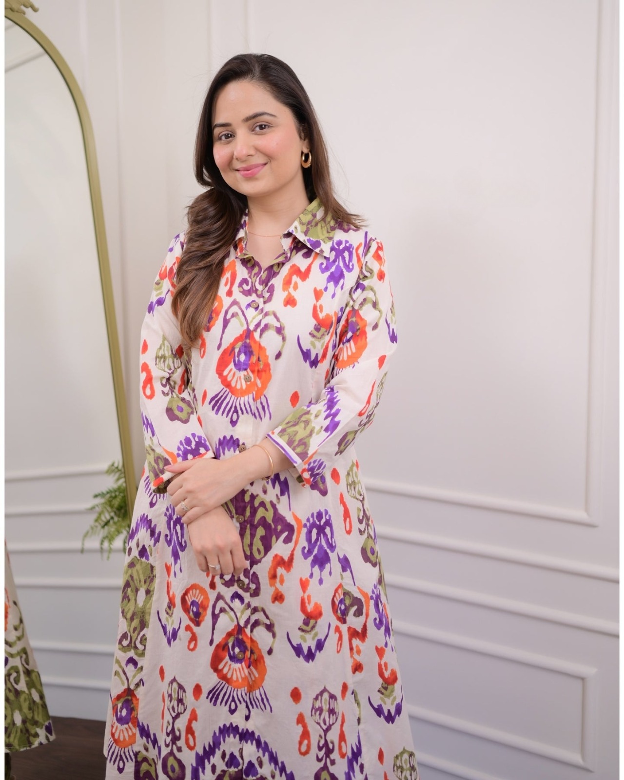 Artistic Abstract Print Cotton Kurti Pant Set