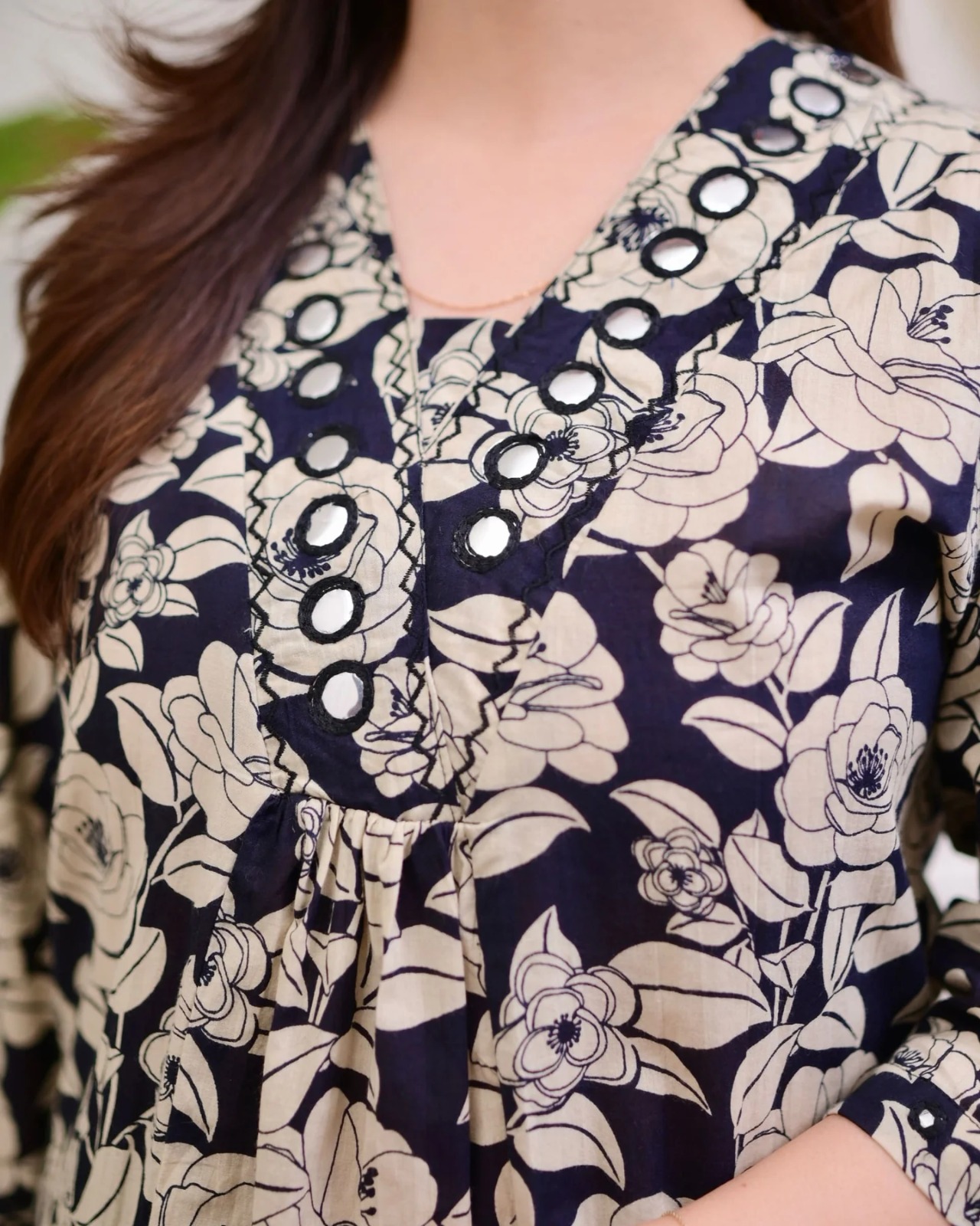 Navy Blue & Beige Floral Cotton Cord Set preview