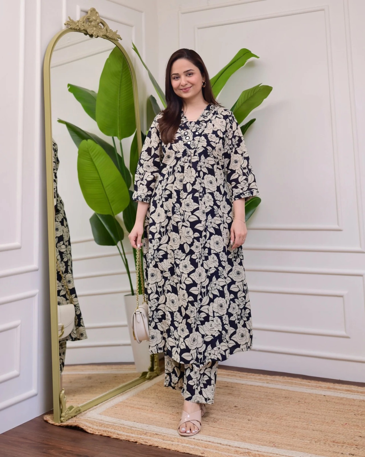 Navy Blue & Beige Floral Cotton Cord Set preview