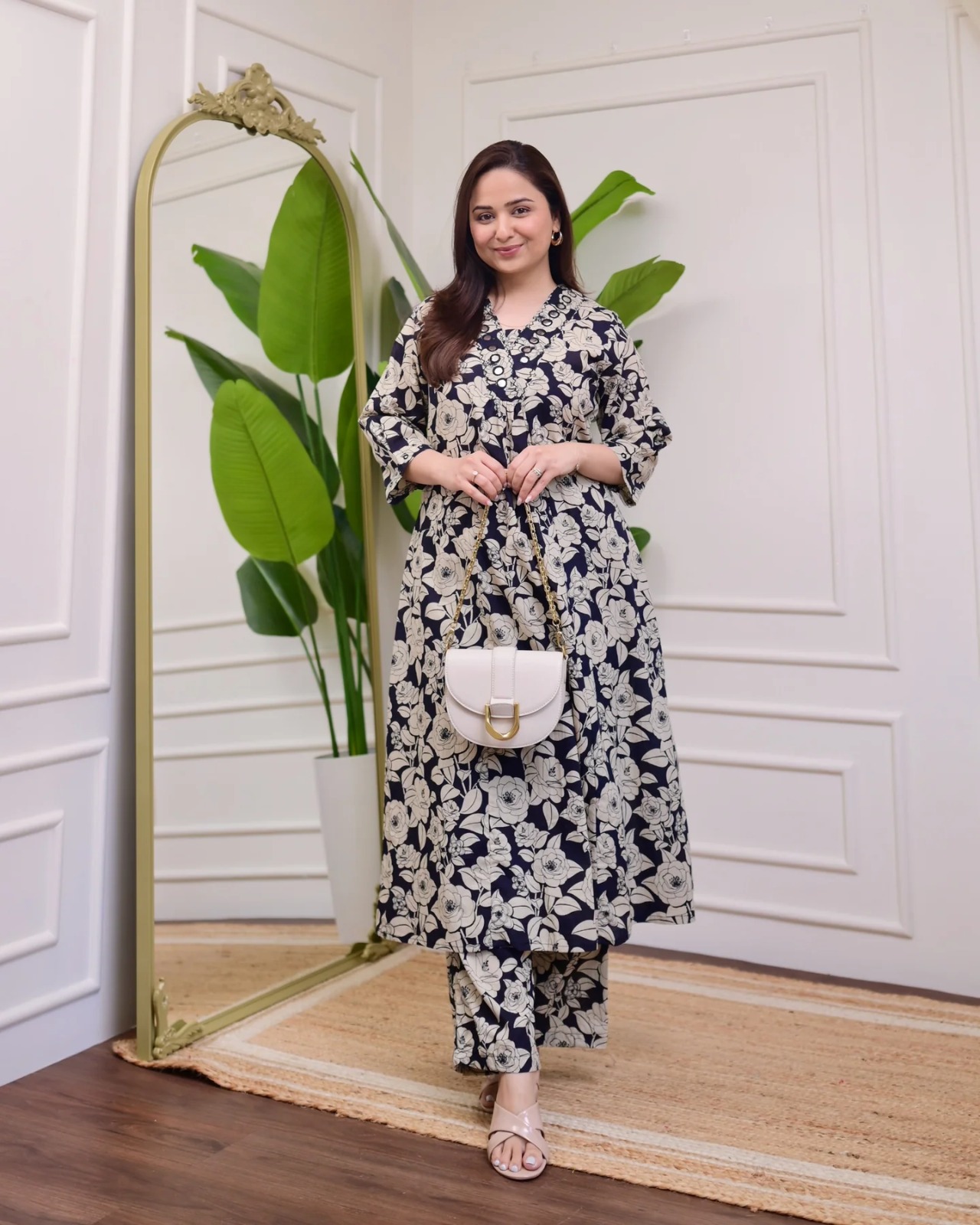 Navy Blue & Beige Floral Cotton Cord Set preview