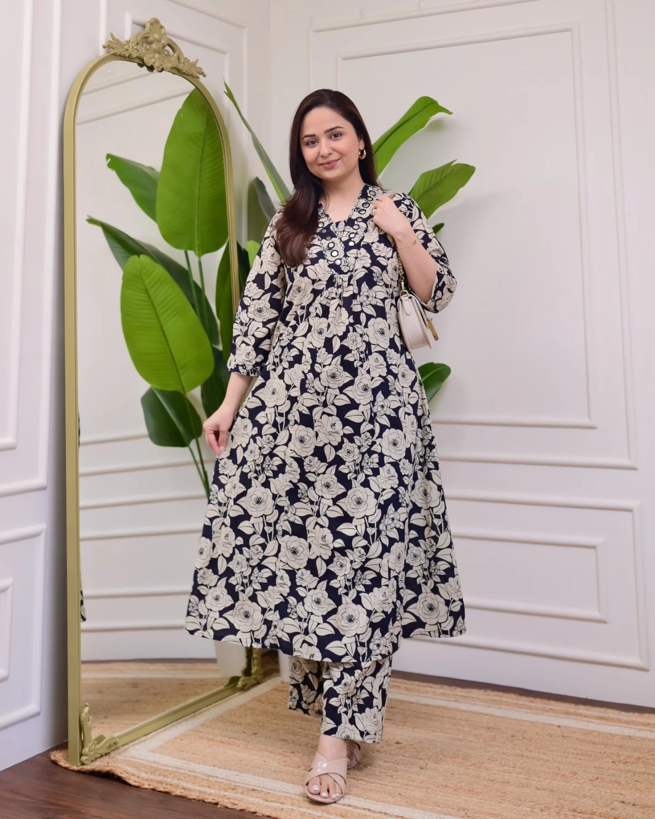 Navy Blue & Beige Floral Cotton Cord Set