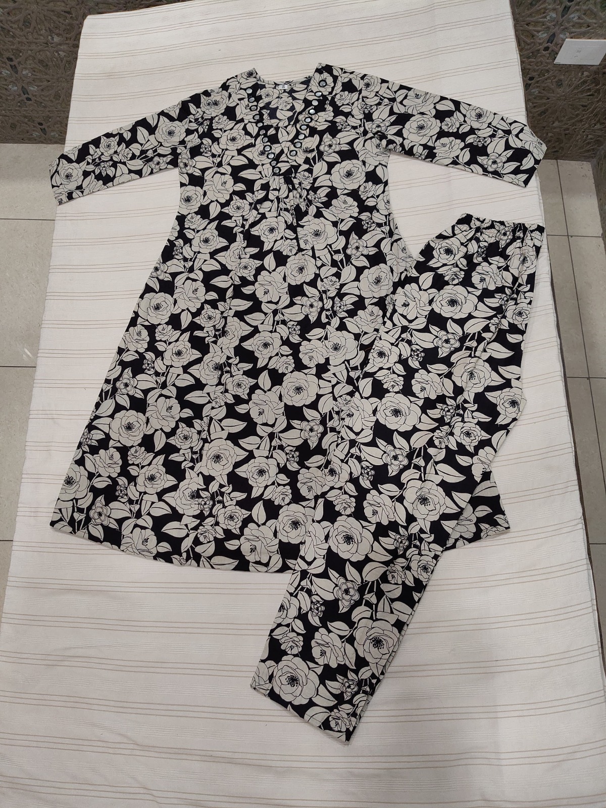 Navy Blue & Beige Floral Cotton Cord Set preview